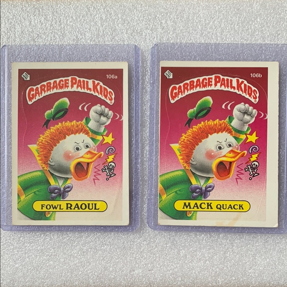 1986 Garbage Pail Kids Fowl Raoul 106a and Mack Quack 106b Cards